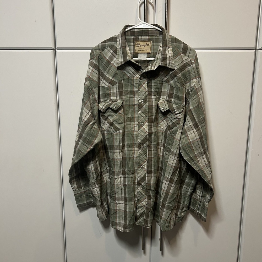 Wrangler Western Fashion Snap Shirt Mens XL Green Brown Plaid Pearl Snap Yoke